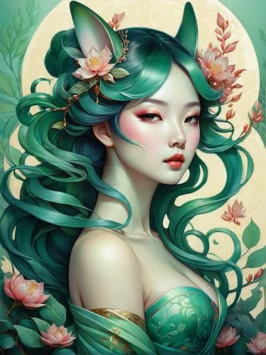 diwata,jasmine blossom,green mermaid scale,mermaid background,oriental princess,lotus blossom,Illustration,Realistic Fantasy,Realistic Fantasy 15