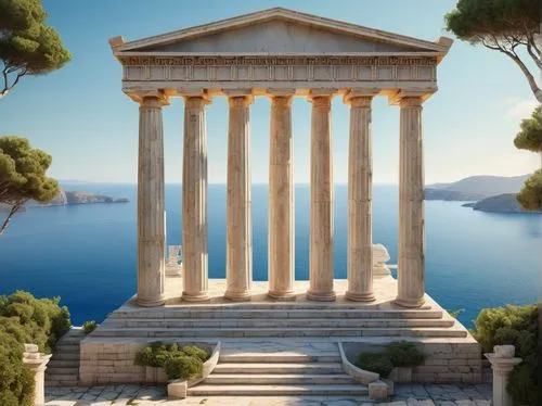 Ancient Greek temple, Doric columns, intricately carved marble, symmetrical facade, steps leading up, lush greenery surrounding, sunny day, warm lighting, Mediterranean Sea in the background, distant 