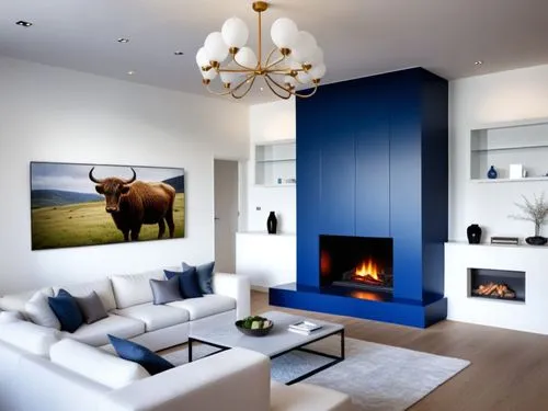 There is a large TV above the fireplace.  A large comfortable U shaped SOFA is facing the fireplace.,this is a living room with a blue fireplace and pictures on the walls,modern decor,fire place,conte