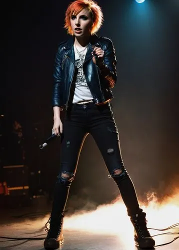 Hayley Williams, Paramore lead singer, solo, (25yo), striking blue eyes, bold eyeliner, curly blonde hair, tattoos on arms, black leather jacket, ripped jeans, Converse shoes, holding microphone, stan