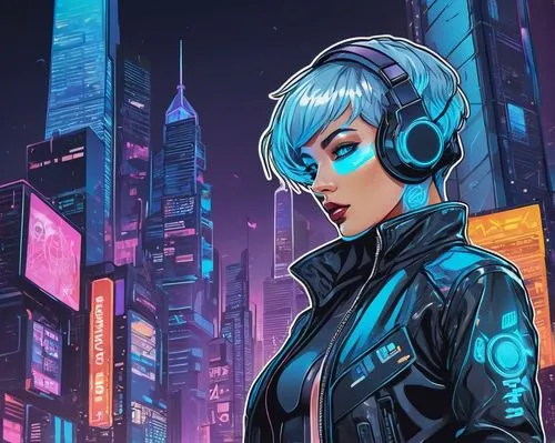 cyberpunk,cyber,sci fiction illustration,futuristic,vector girl,metropolis,echo,transistor,cityscape,dystopian,cg artwork,nova,cyber glasses,jacket,cyborg,hk,indigo,scifi,cyan,city ​​portrait,Unique,Design,Sticker