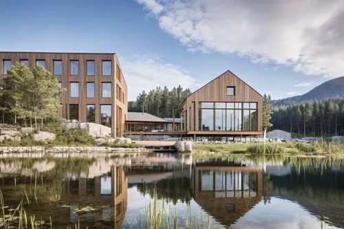 woodern pier, beautiful lake shore, kengo kuma architecture,two wood buildings sitting on top of a lake,snohetta,whistler,weyerhaeuser,pleso,norquay,bohlin,Photography,General,Realistic