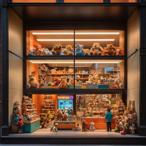 the bustling cityscape of new york city is portrayed in a sleek and modern storefront window. The storefront is intricate and modern, with lights that blaze with a warm orange glow. The storefront its