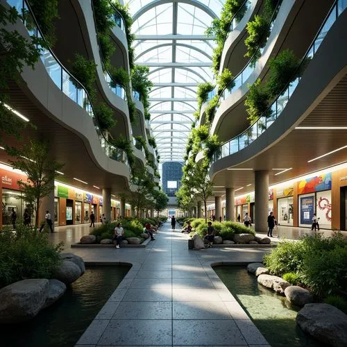 Vibrant metro station interior, seamless landscape integration, natural light pouring in, lush greenery, flowing water features, urban oasis atmosphere, futuristic architecture, curved lines, sleek me