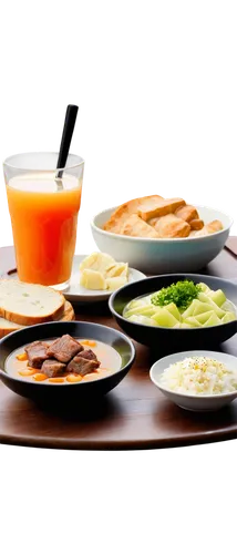 Delicious food on table, lunch setting, various dishes, bowl of steaming hot soup, plate of juicy meat, basket of crusty bread, glass of refreshing juice, fork and knife placed neatly, warm lighting, 