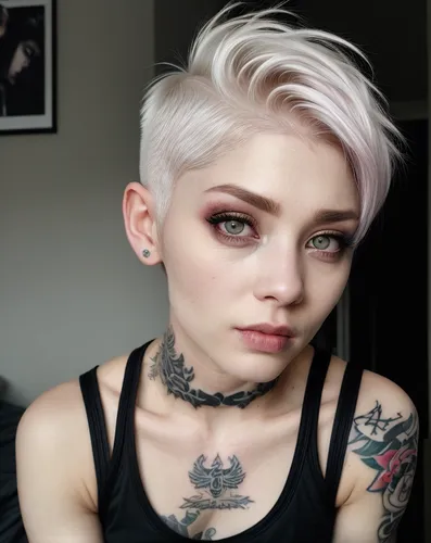 Short white hair, Undercut Hairstyle, Nummer VI tattoo under the left eye, small browscar, small lipscar, sitting on bed, Dominant, scars, ripped body, Bad ass, cyberpunk, goth,pale,pixie cut,greta ot