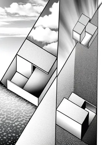 QUE EL ESTILO DE LA IMAGEN SEA DE FORMATO COMIC COMO LA IMAGEN DE REFERENCIA EN BLANCO Y NEGRO,a black and white image of some boxes,isometric,pathfinding,roof panels,escher,isostasy,sketchup,Photogra