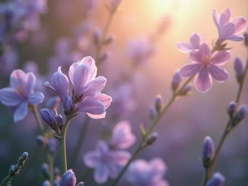 Soft purple hues, delicate lavender shades, pastel blue undertones, warm beige accents, lush green foliage, whimsical floral patterns, airy light atmosphere, gentle misty morning, subtle gradient tran