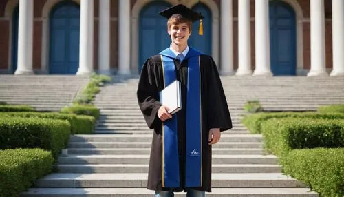 Male, young adult, graduate, cap and gown, diploma in hand, confident smile, blue eyes, short brown hair, casual clothes, jeans, white shirt, sneakers, standing, university campus, modern architecture