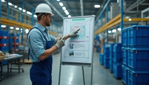 Industrial setting, factory interior, polyethylene materials, benefits poster, solo male worker, 30s, blue overalls, safety helmet, gloves, standing, pointing to a whiteboard, explanation gesture, bri