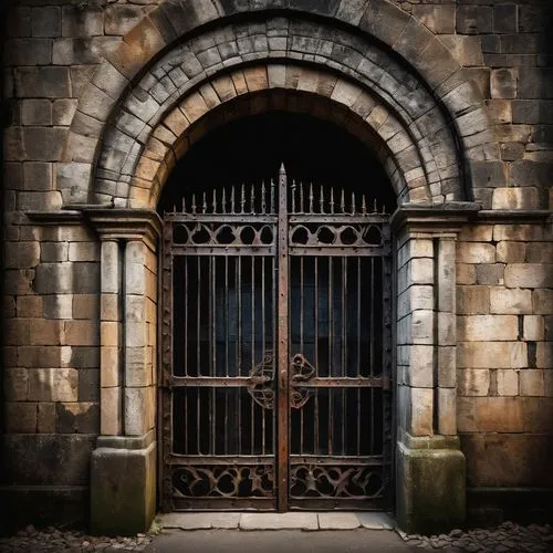 Prison architecture, Gothic style, stone walls, iron gates, narrow windows, tall spires, grand entrance, intricate carvings, dimly lit corridors, cold atmosphere, heavy metal doors, old rusty locks, e