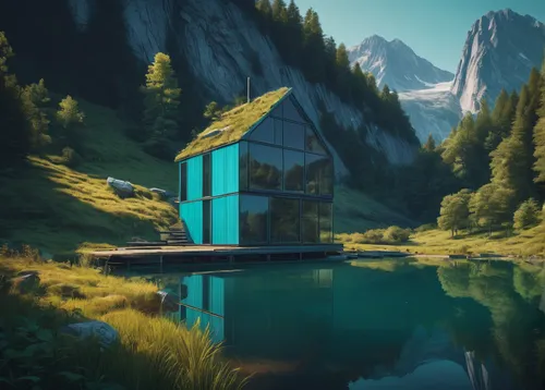 house with lake,floating huts,house by the water,house in mountains,cubic house,lonely house,house in the mountains,small cabin,the cabin in the mountains,mirror house,cube stilt houses,inverted cottage,little house,small house,houseboat,alpine hut,miniature house,cube house,house in the forest,home landscape,Conceptual Art,Sci-Fi,Sci-Fi 11