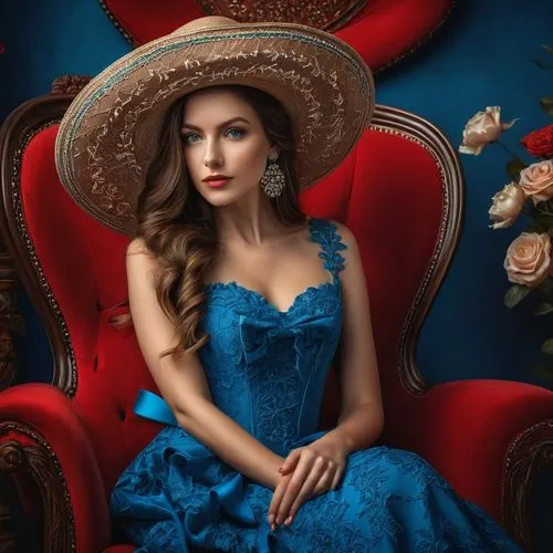 romantic portrait,blue rose,portrait background,fantasy portrait,southern belle,blue hydrangea,victorian lady,the hat of the woman,portrait photography,vintage woman,jasmine blue,cinderella,portrait photographers,mazarine blue,ukrainian,miss circassian,girl in a long dress,on a red background,bluebonnet,blue dress,Photography,General,Fantasy