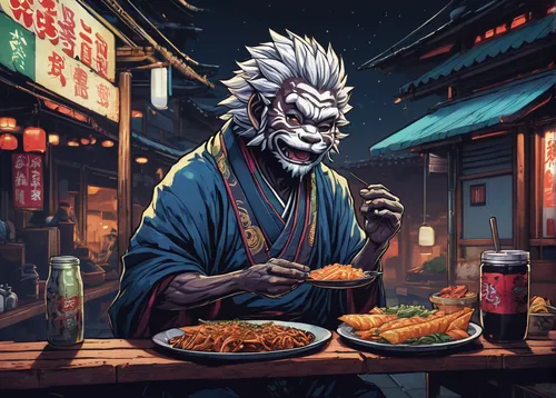 Describe a lighthearted moment when Benimaru Shinmon enjoys his favorite street food after a long day of training.,izakaya,udon,japanese cuisine,ramen,japanese meal,feast noodles,chop sticks,appetite,