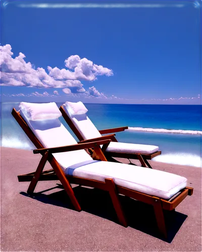 Beach chairs, wooden frame, white cushions, soft pillows, reclined backrest, armrests, leg rest extension, coastal scenery, sunny day, blue sky, fluffy clouds, warm lighting, shallow depth of field, r