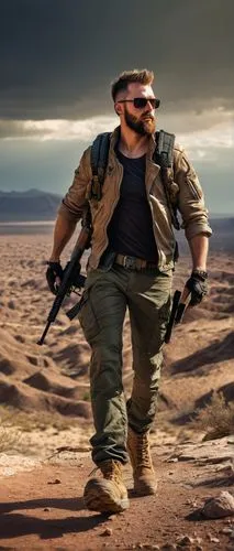 Warthog, male, muscular, rugged, scar above left eyebrow, messy brown hair, beard, sunglasses, leather jacket, tank top, cargo pants, combat boots, holding a sniper rifle, running, dusty terrain, aban