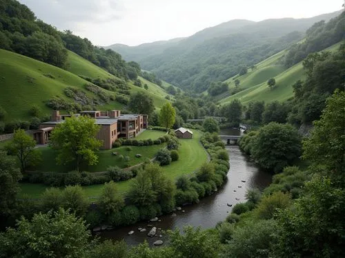 Sweeping hills, lush green forests, meandering streams, rustic wooden bridges, natural stone walls, curved lines, organic forms, earthy tones, blending boundaries, seamless transitions, harmonious coe