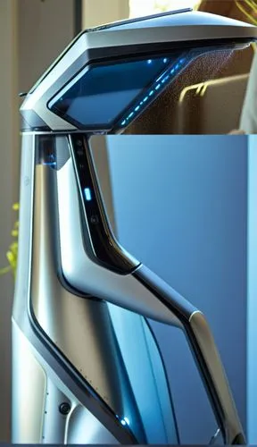 A handheld garment steamer, marketed in Europe and the United States, with a novel appearance, partially decorated with electroplated parts, and rich styling layers,a futuristic, modern car is parked 