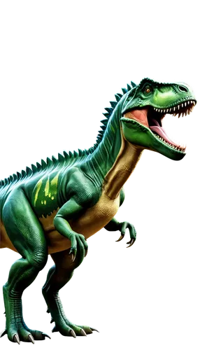 dinosaur, Tyrannosaurus Rex, side profile, green scaly skin, sharp teeth, powerful legs, clawed feet, muscular body, spiky tail, prehistoric, realistic texture, high contrast lighting, cinematic compo