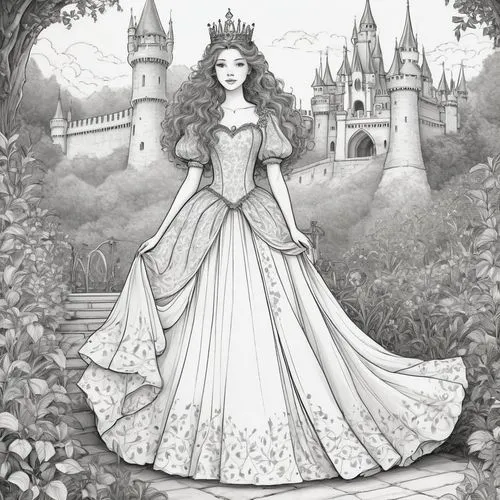 princess sofia,fairy tale character,peignoir,ball gown,cinderella,fairytale,Illustration,Black and White,Black and White 13