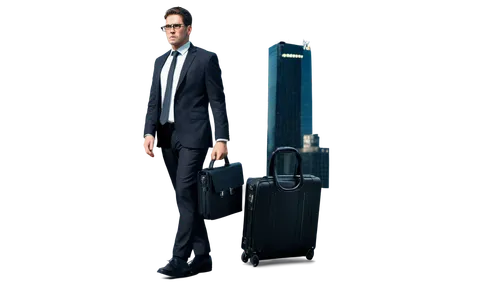 Businessman, formal wear, white shirt, black tie, dark suit, briefcase, confident pose, serious facial expression, glasses, short hair, clean shave, standing, city skyscraper background, 3/4 compositi