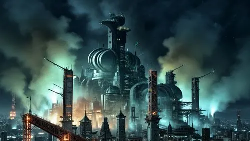 the city lights are orange,a scific city on a steam - powered island with smoke coming from its towers,refineries,oil refinery,refinery,industrial landscape,steamboy,industrialism