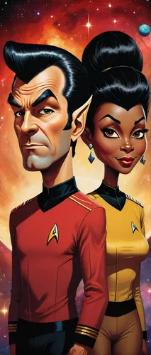 A caricature of Lieutenant Uhura, Spock, and Captain Kirk from the Star Trek series in their typical costumes, each with exaggeratedly big heads and disproportionately small bodies. Lieutenant Uhura i