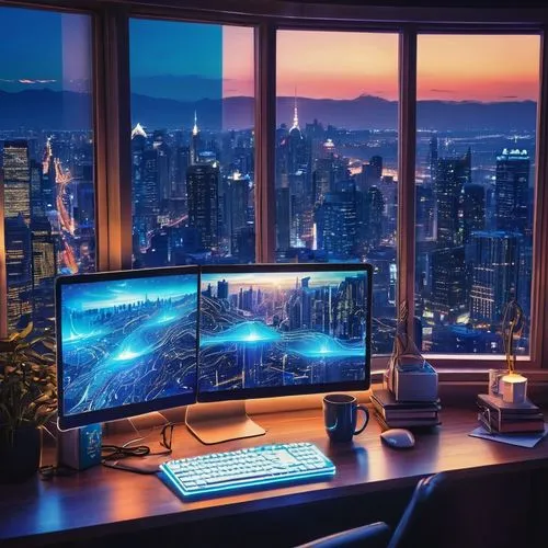 computer desk,computer workstation,desktop computer,computer room,desk,modern office,computer monitor,office desk,working space,blur office background,monitor wall,computer screen,secretary desk,monitors,desk top,work space,desktop,pc tower,home office,desktop view,Illustration,Retro,Retro 13