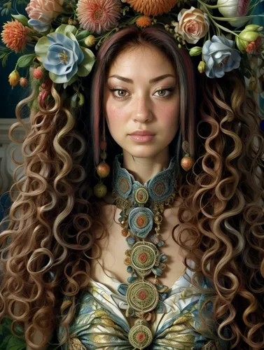 girl in a wreath,fantasy portrait,elven flower,fantasy art,wreath of flowers,polynesian girl,mystical portrait of a girl,rapunzel,merida,girl in flowers,flora,floral wreath,willow flower,rose wreath,medusa,fantasy woman,fractals art,the enchantress,dryad,faery