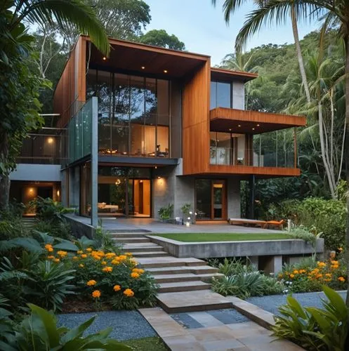 modern tropical case study house architecture, Puerto Rico, meditation architecture of brazilian architect Marcio Kogan, modern, realistic, corten steel, concrete, wood, award winning perspective, raw