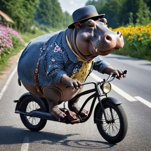 hyper realistic hippopotamus with flat cap and polka dot shirt riding a bike on the road to the lake and smoking a pipe, there are flowers on the side of the road,tour de france,suckling pig,bikejorin