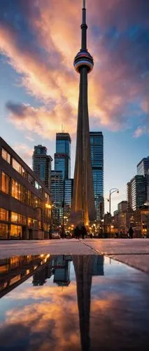 Toronto skyscraper, modern, glass, steel, sleek, angular, reflective, CN Tower, City Hall, urban, downtown, financial district, busy streets, pedestrians, cars, buses, streetlights, evening, sunset, w