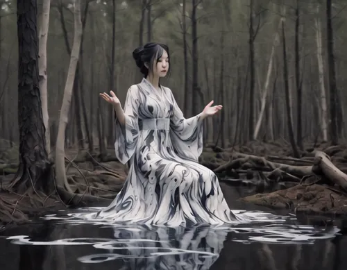 water lotus,water nymph,junshan yinzhen,ao dai,geisha,water-the sword lily,chinese art,oriental princess,japanese woman,japanese art,conceptual photography,oriental painting,rou jia mo,shakuhachi,digi