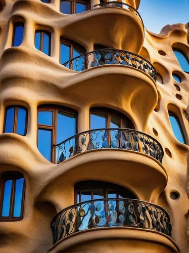 Casa Mila, iconic building, Barcelona, Spain, Gaudí-inspired, modernist, undulating stone façade, twisted iron balconies, ornate chimneys, mosaic decorations, intricate carvings, wavy lines, organic s