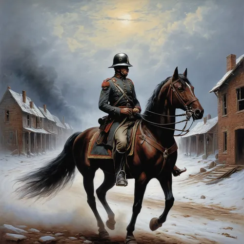 Amidst a deserted town, a lone cavalry soldier rides silently, searching for answers.,cavalry,man and horses,gunfighter,bronze horseman,horseman,mounted police,pilgrim,napoleon,pickelhaube,hamelin,pru