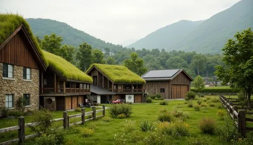 alpine pastures,wooden houses,ecovillages,alpine village,oberwald,grass roof,green landscape,ecovillage,sirdal,chalets,norways,oberalp,mountain village,landhaus,bucolic,norway,andermatt,house in mountains,swiss house,farmhouses