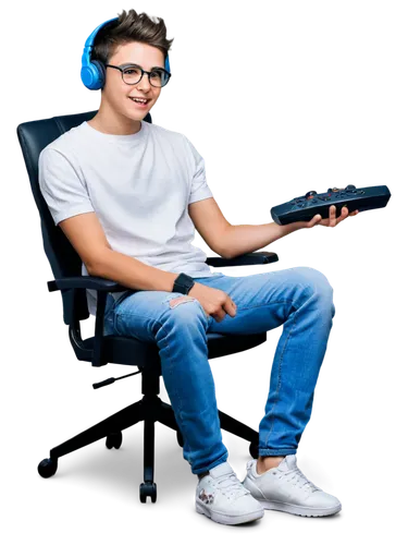 Gamer boy, young adult, energetic facial expression, short spiky hair, gaming headset, trendy glasses, casual wear, graphic t-shirt, ripped jeans, sneakers, holding controller, sitting on gaming chair