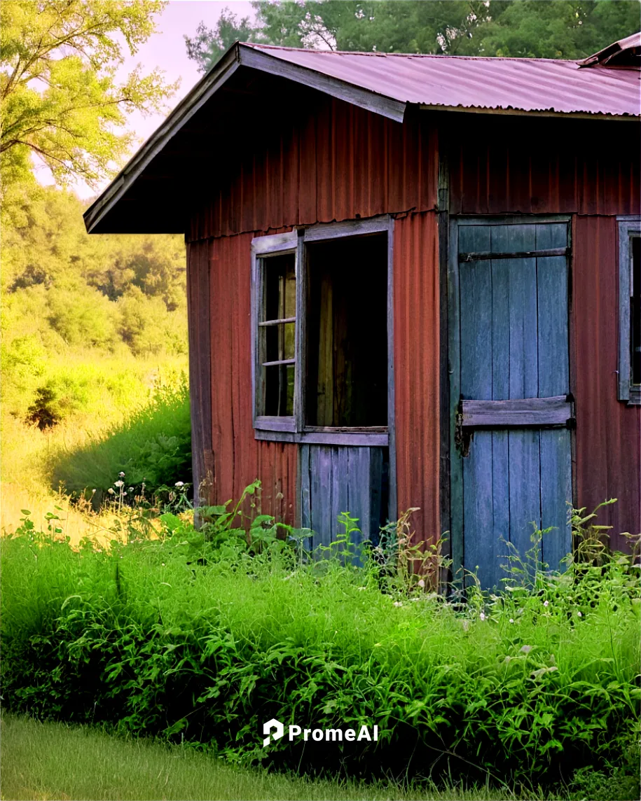 Rural corrugated shack, rusty metal roof, weathered wooden walls, old broken door, worn-out windows, surrounded by overgrown weeds, afternoon sunlight, 3/4 composition, shallow depth of field, warm co