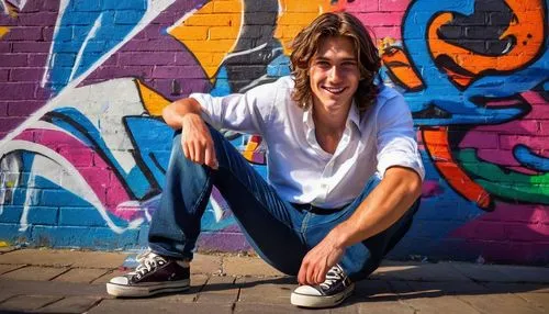 male model,skater,photo session in torn clothes,jeans background,shoreditch,john-lennon-wall,senior photos,graffiti,aussie,city ​​portrait,skater boy,young model istanbul,trousers,daniel,fetus,young model,dan,portrait background,blue shoes,crouching,Illustration,American Style,American Style 02