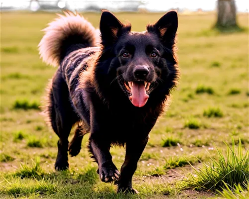 Happy free dog, running, fluffy fur, wagging tail, open mouth, sharp teeth, tongue out, barking loudly, energetic posture, outdoor setting, green grass, warm sunlight, shallow depth of field, vibrant 