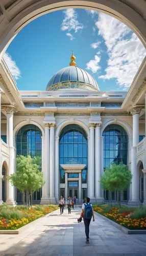 Kazakhstan university campus, modern architecture, grand entrance, white marble columns, glass dome roof, intricate metalwork details, vibrant greenery surrounding, blooming flowers in planters, walki