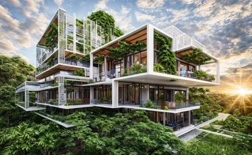 здание с деревьями и разными растениями,cubic house,cube stilt houses,treehouses,ecotopia,green living,tree house hotel,tree house,sky apartment,modern architecture,forest house,ecovillages,house in t