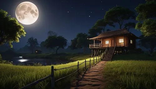 moonlit night,summer cottage,moonlit,night scene,wooden house,lonely house,moonlight,the night of kupala,moonshine,home landscape,wooden path,devilwood,house in the forest,small cabin,the cabin in the mountains,little house,hanging moon,cottage,witch's house,moonrise,Photography,General,Realistic