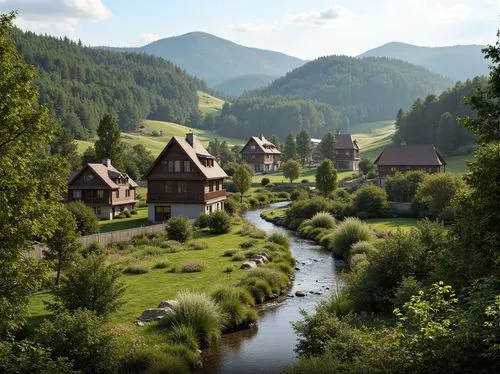 Rustic village landscape, rolling hills, meandering streams, lush green forests, traditional vernacular buildings, earthy tones, natural stone walls, wooden accents, steeply pitched roofs, charming ch