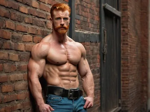 Muscular, mature man, ginger hair, short beard, mustache, intense gaze, piercing blue eyes, shirtless, ripped chest, bulging biceps, six-pack abs, low-rise jeans, black leather belt, silver buckle, co