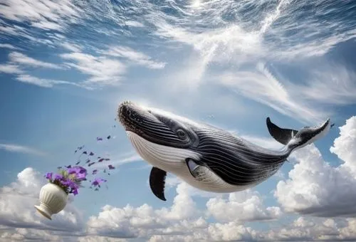 falling petunias,a flying dolphin in air,flying penguin,pot whale,whale cow,killer whale,orca,fairy penguin,whale fluke,whales,whale,porpoise,little whale,baby whale,narwhal,marine mammal,dolphin back