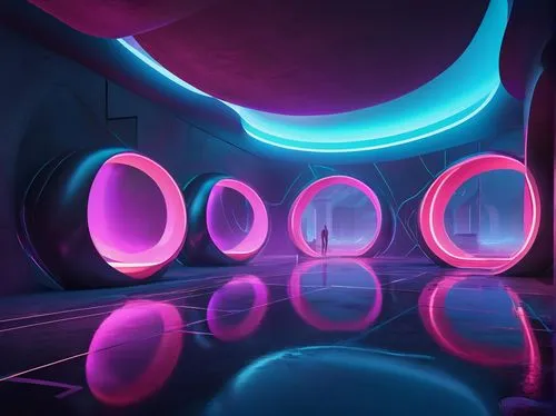 cinema 4d,spaceship interior,ufo interior,3d background,electric arc,3d render,torus,plasma lamp,lumo,colored lights,tubes,spheres,plasma,futuristic art museum,teleporters,futuristic landscape,neon light,ambient lights,neon drinks,tron,Conceptual Art,Oil color,Oil Color 22