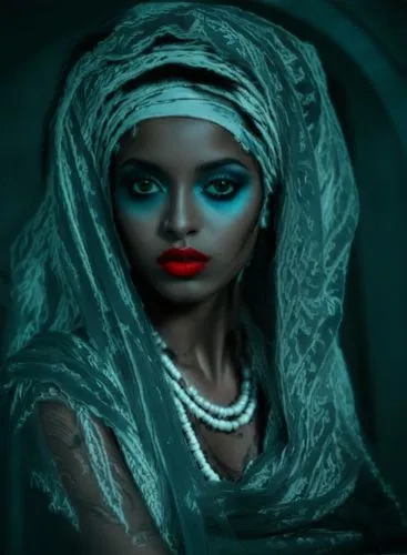 a woman in blue with an elaborate make - up,nigerien,tuareg,afar tribe,eritrean,sudanese,fulbe,Illustration,Realistic Fantasy,Realistic Fantasy 46