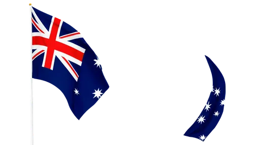 Australian flag, blue background, Union Jack upper left, Southern Cross constellation, white Commonwealth Star, seven-pointed star, bold colors, waving motion, wind-blown fabric, dynamic composition, 