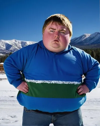 Cartman, obese, blond hair, messy, freckles, green eyes, angry face, hands on hips, standing, elementary school student, South Park Elementary, Colorado, snow-capped mountains, clear blue sky, sunny d